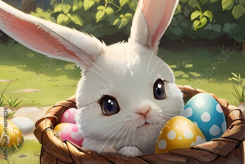 Digital Artwork - cute easter bunny in basket of eggs - prints wallpapers decorations backgrounds pictures downloads paintings gifts posters - generative ai