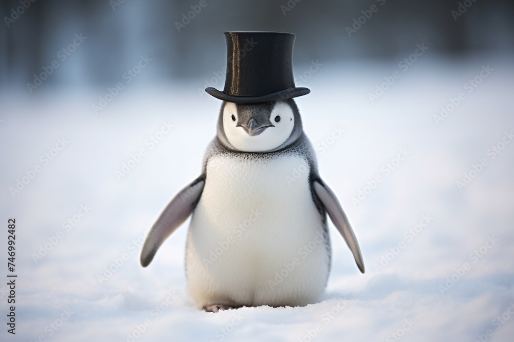 Fototapeta premium a cute penguin, penguin wearing a hat, winter