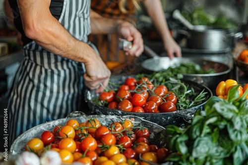 Close-up of hands preparing fresh vegetables, with a focus on vibrant cherry tomatoes and various greens, in a kitchen setting.