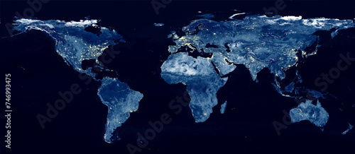 World map on night sky. Electric lights map at night. City night lights. View from outer space. Illustration of night world map
