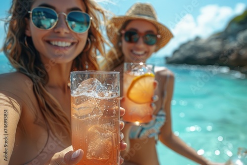 Friends toasting with refreshing drinks against a backdrop of sparkling turquoise sea, wearing sunglasses and straw hats.