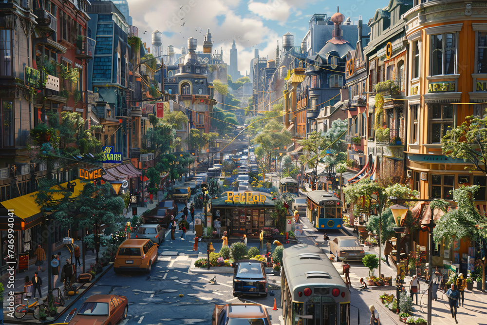 Lush animated city street with eclectic architecture and public transport. Creative cityscape illustration with. Urban diversity concept for wallpaper and print design. Street scene. - obrazy, fototapety, plakaty 