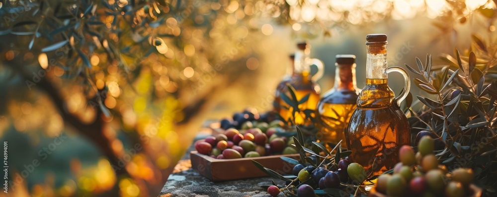 golden olive oil bottles with olives leaves and fruits setup in the middle of rural olive field with morning sunshine as wide banner with copyspace area. Generative AI - obrazy, fototapety, plakaty 