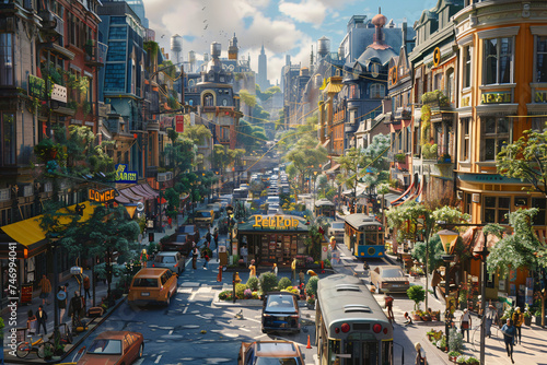 Lush animated city street with eclectic architecture and public transport. Creative cityscape illustration with. Urban diversity concept for wallpaper and print design. Street scene.