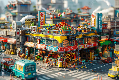 Miniature Asian town scene with detailed model buildings and street. Tilt-shift illustation of a vibrant market district. Urban miniature concept for design and decoration.
