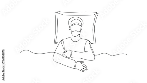 Continuous single line sketch drawing of man sleeping on pillow bed one line lifestyle vector illustration