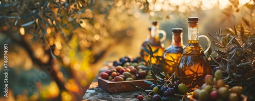 golden olive oil bottles with olives leaves and fruits setup in the middle of rural olive field with morning sunshine as wide banner with copyspace area. Generative AI photo