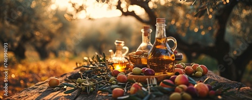 golden olive oil bottles with olives leaves and fruits setup in the middle of rural olive field with morning sunshine as wide banner with copyspace area. Generative AI photo
