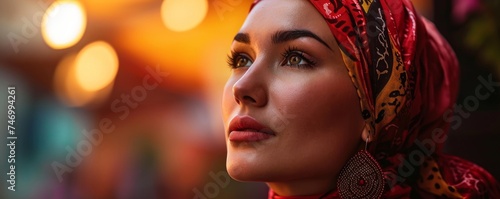 modern colorful stylish outfit photoshoot of a muslim hijab woman in dynamic shot happy and positive for modest trendy arab women fashion as wide banner with copysapce area. Generative AI