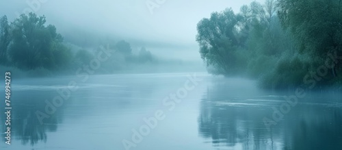 Mystical River Surrounded by Fog and Trees in the Wilderness