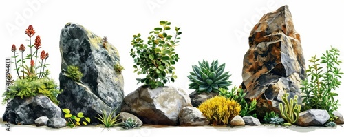 collection Set of different styles of outdoor natural stones or rocks with plants for garden and landscaping decoration cutouts isolated on white background. Generative AI