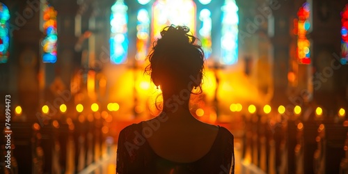 Blurred Background of a Woman Praying in Church: Concept of Faith and Spirituality. Concept Blurred Background, Woman Praying, Church, Faith, Spirituality