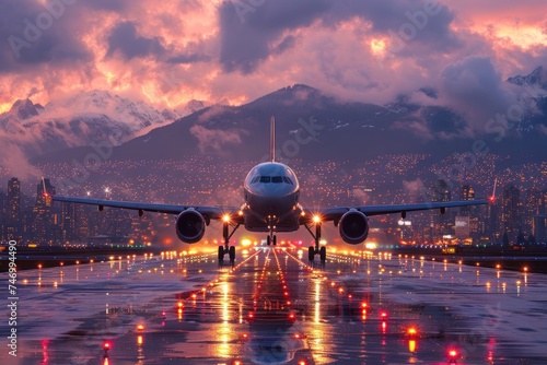 Commercial airplane taking off from a runway at sunset, with the city skyline and mountains in the background under an orange sky.