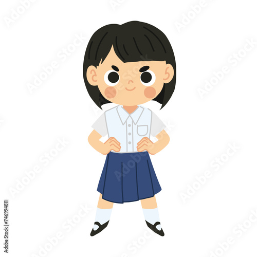 Cute Thai Cartoon Character of Confident Student Girl, Kawaii Thai Little Girl