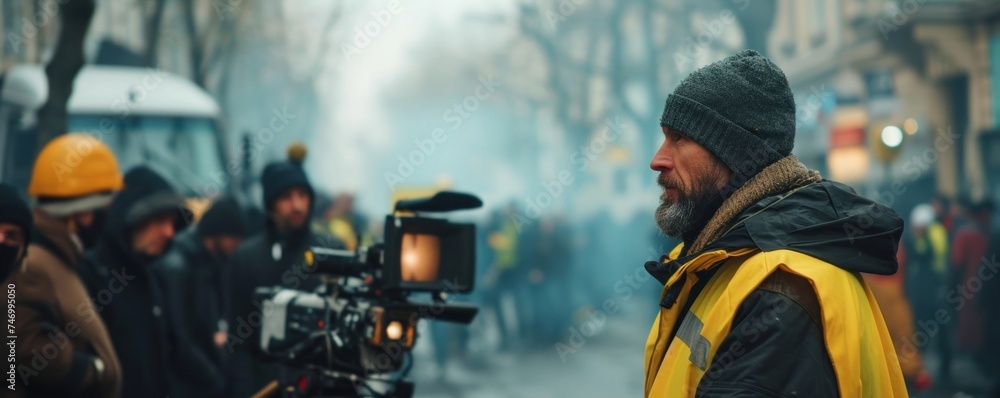 yellow vests construction worker man giving speech infront of tv camera or live labor union strike event for news tv media and press headlines standing in the street. Generative AI - obrazy, fototapety, plakaty 
