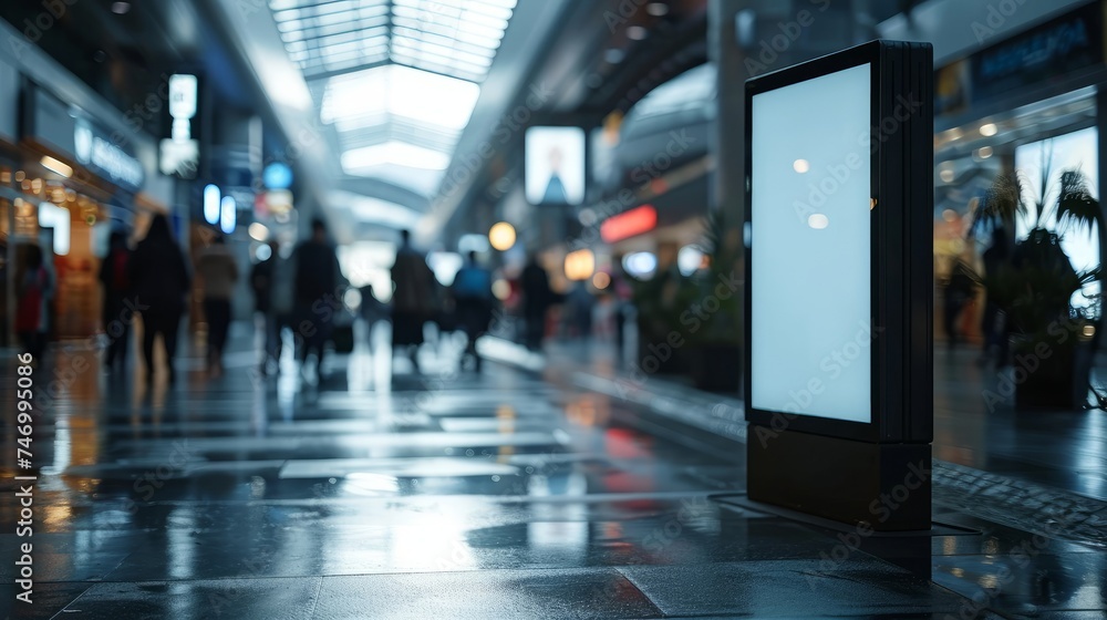 display blank clean screen or signboard mockup for offers or advertisement in public area with people walking. Generative AI display blank clean screen or signboard mockup for offers or advertisement in public area with people walking. Generative AI