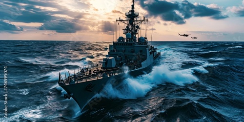 military special forces naval vessel destroyer sailing fast in the middle of the ocean with a chopper in the background, wide poster design with copy space, Generative AI