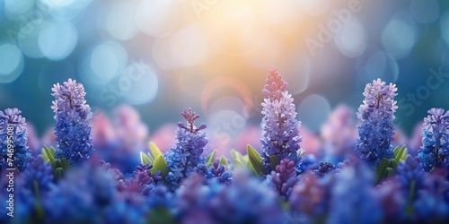 A field of blue hyacinths in full bloom, with a soft-focus background and sunlight flare. Spring time. Copy space image. Place for adding text