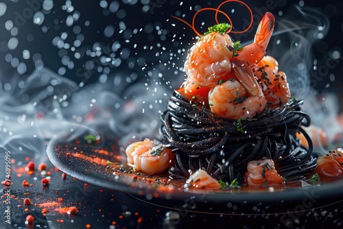food photograph featuring Black noodles with shrimps beautifully decorated with intricate details