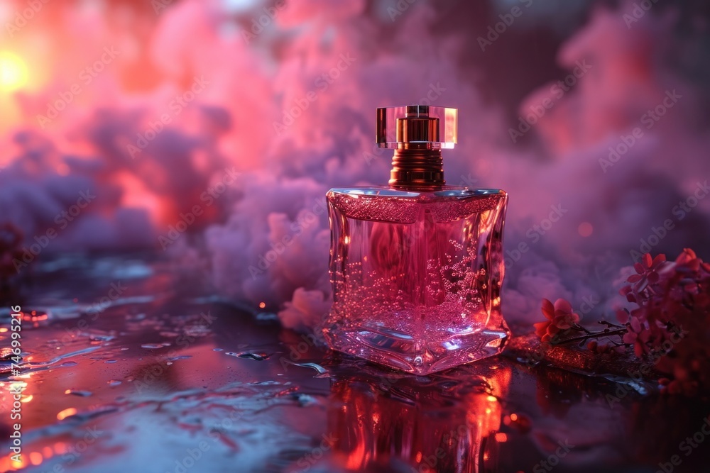luxury glass or crystal perfume bottle with smoke waves background in pink purple theme, mixed digital 3d illustration and matte painting, Generative AI luxury glass or crystal perfume bottle with smoke waves background in pink purple theme, mixed digital 3d illustration and matte painting, Generative AI