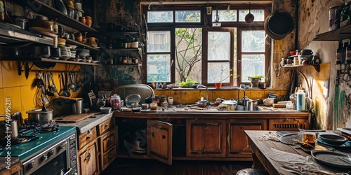 very messy unorganized and dirty kitchen. Generative AI