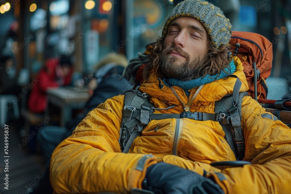 Male backpacker in a yellow jacket and knit hat taking a restful break, leaning back with his eyes closed in an urban setting.