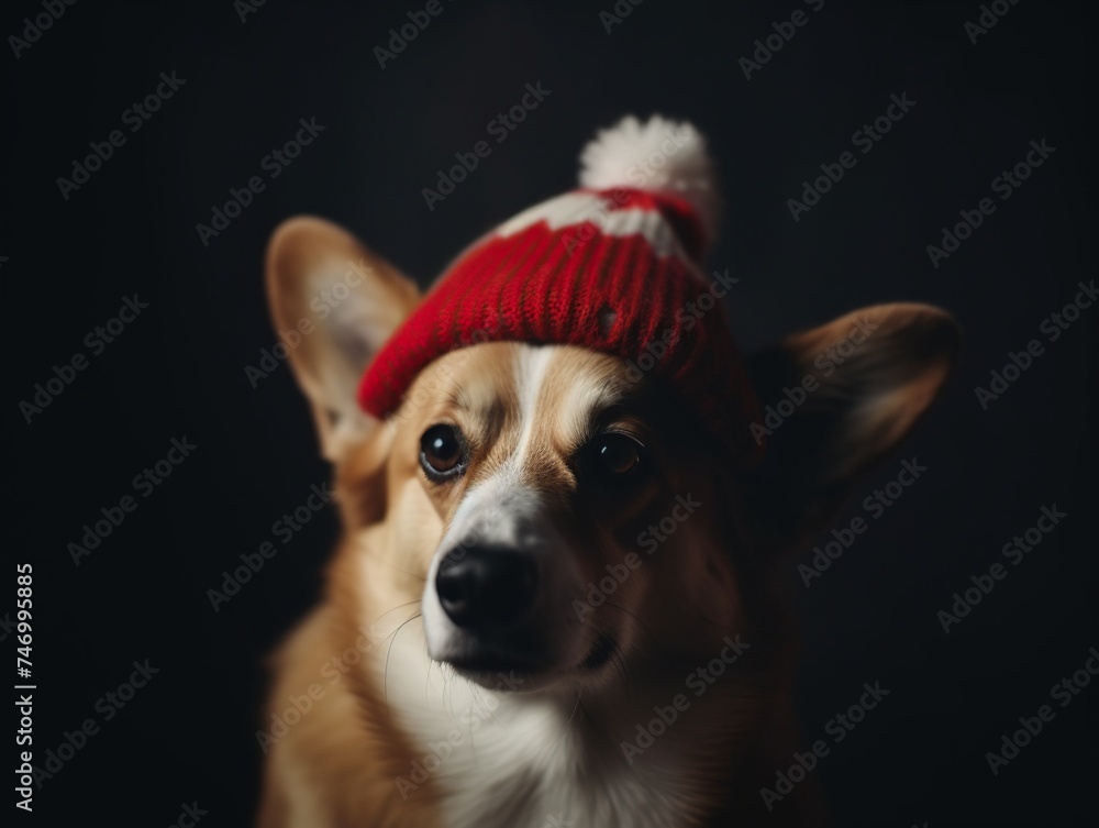 Close-up portrait of an adorable corgi dog wearing a festive Christmas beanie