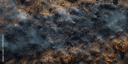 Aerial perspective of forest and field fire aftermath, showing burnt ground and black ash layer, shot from low height with downward view, Generative AI © Pooja