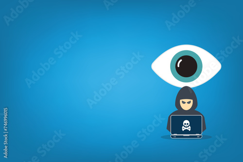 Hacker watching your every move on web. Hacker with laptop computer stealing confidential data, personal information and credit card detail. Hacking concept.	