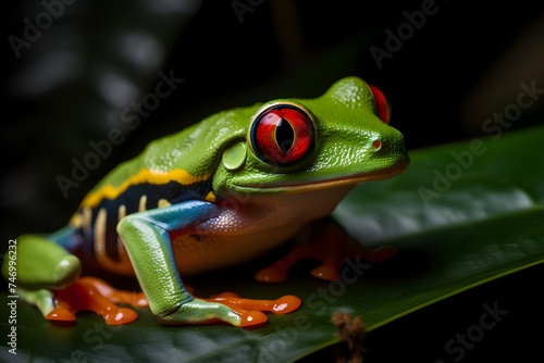 Close up of a red eyed tree frog on some leaves