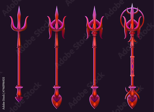 Poseidon or Neptune magic red trident for game ui level rank design. Cartoon vector illustration set of fantasy metallic spear with pitchfork in various steps of decoration and ornaments progress.