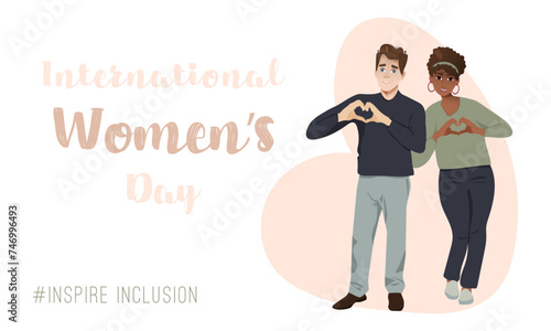 International Women's Day poster. Inspire inclusion 2024. A banner with a man and a woman. Vector illustration with different people.