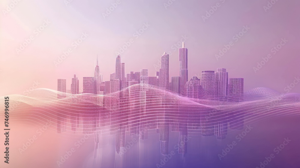 Aesthetic and connected futuristic concept of smart city abstract dots with technology data building, gradient lines and intricate wave design, big data technology.