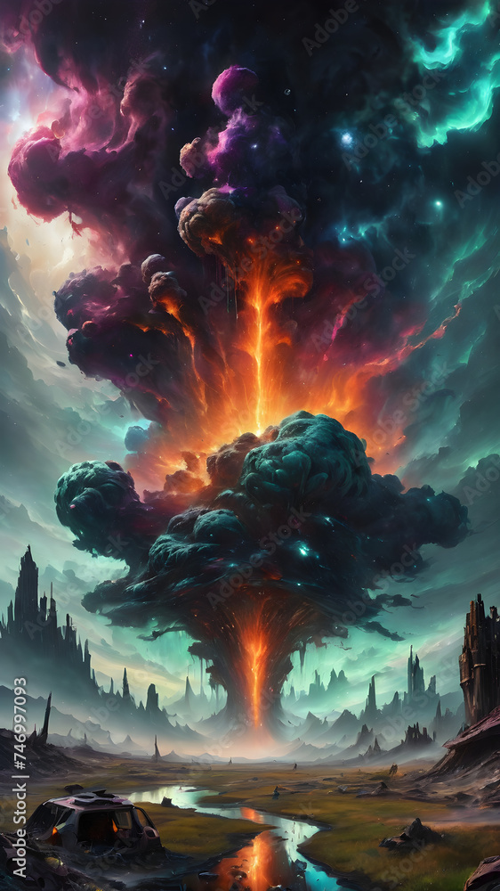 Fiery Forest Night: A vivid illustration blending nature's elements with the warmth of flames, set against a twilight sky