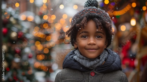 A black mixed race boy toddler standing in front of a christmas tree christmas market christmas decorations christmas lights snow white christmas joy