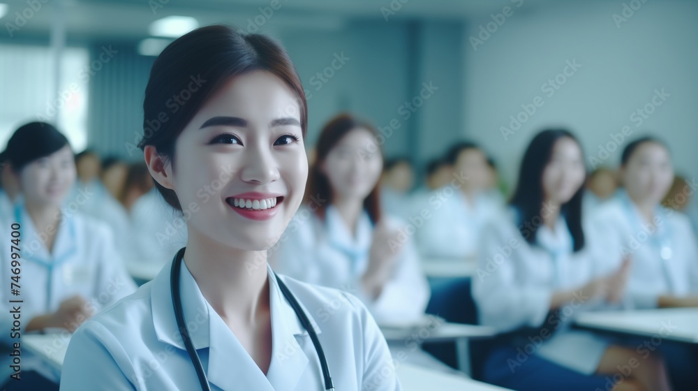 A group of smiling and cheerful nurses and doctors sit in a relaxed manner during a seminar training class. A group of smiling and cheerful nurses and doctors sit in a relaxed manner during a seminar training class.