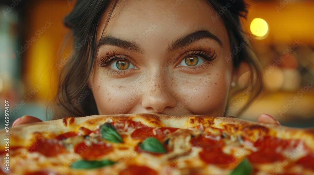 Lovely cute positive young woman hiding behind pizza over yellow background Lovely cute positive young woman hiding behind pizza over yellow background