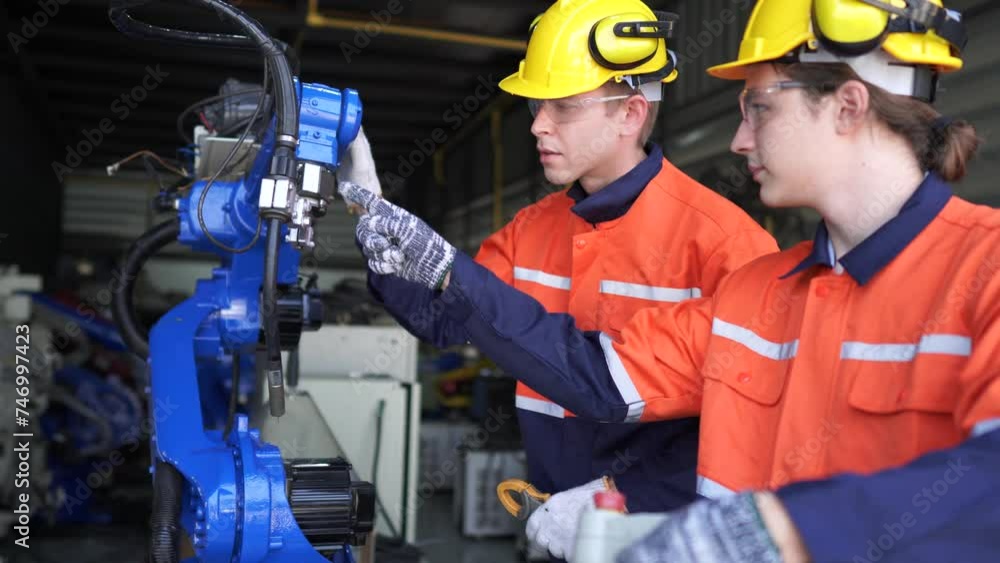 Factory engineers inspecting on machine with smart tablet. Worker works at heavy machine robot arm. The welding machine with a remote system in an industrial factory. Artificial intelligence concept. Factory engineers inspecting on machine with smart tablet. Worker works at heavy machine robot arm. The welding machine with a remote system in an industrial factory. Artificial intelligence concept.