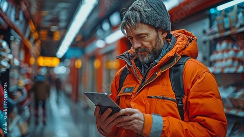 Smiling engineer inspecting and assessing a networked train route with a tablet before approving departure from a stop.