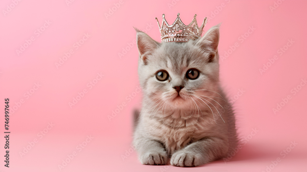 Beautiful British cat with a crown on its head isolated on a pink background. with copy space.. generative ai  - obrazy, fototapety, plakaty 