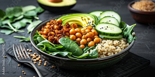 Toned, focused Buddha bowl with roasted chickpeas, spinach, quinoa, avocado and cucumber, Generative AI