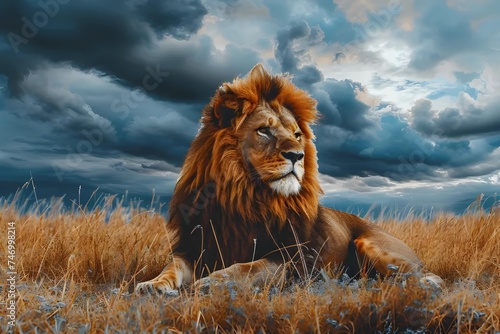 A majestic lion lies on the savannah grass, with a dramatic stormy sky in the background, symbolizing strength and the wild beauty of Africa.