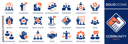 Community icon set. Collection of people, teamwork, partnership, success and more. Vector illustration. Easily changes to any color.