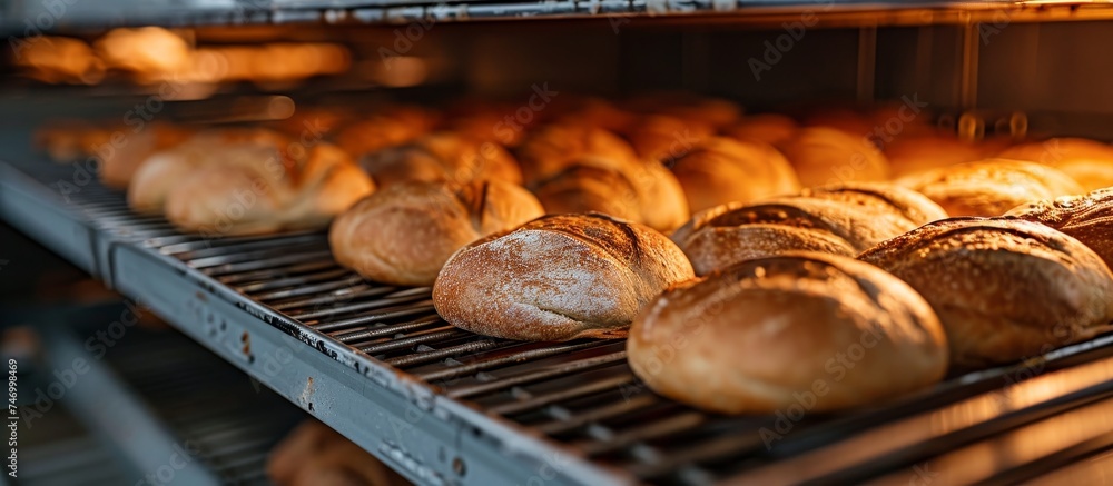 A variety of bread loaves are placed on a shelf inside an oven, a common kitchen appliance used for cooking and baking. Bread is a staple food ingredient in many cuisines.