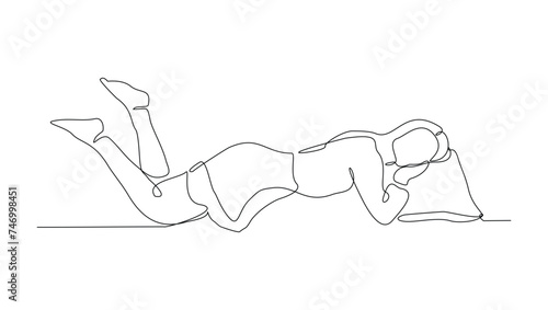 Continuous single line sketch drawing of woman sleeping on pillow bed one line lifestyle vector illustration
