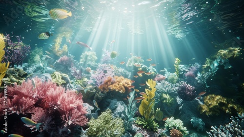 Underwater scenery with sunbeams illuminating a diverse and colorful coral reef teeming with tropical fish.