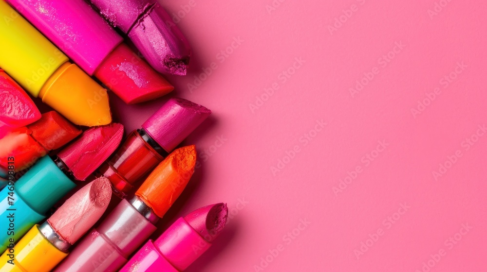 a group of different colored crayons sitting on top of each other on a pink surface with a pink background. a group of different colored crayons sitting on top of each other on a pink surface with a pink background.