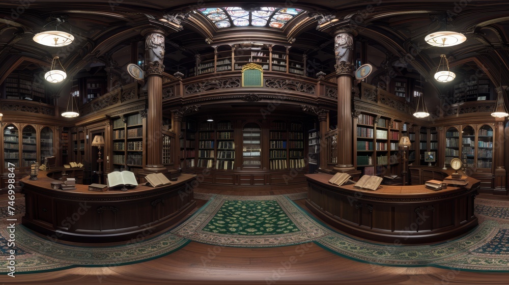 Elegant Victorian library interior with dark wood paneling, a curved desk, antique books, and vintage hanging lights, exuding scholarly ambiance.