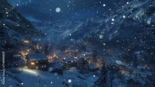 The quiet of a snowy night envelops a mountain village, with flurries of snowflakes dancing under the soft glow of house lights.
