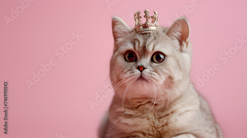 Beautiful British cat with a crown on its head isolated on a pink background. with copy space.. generative ai 